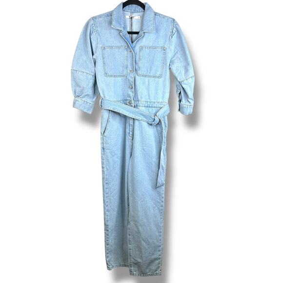 NA-KD NWT Cotton Denim Jean Belted Puff Sleeve Button Collard Denim Jumpsuit - Picture 4 of 11